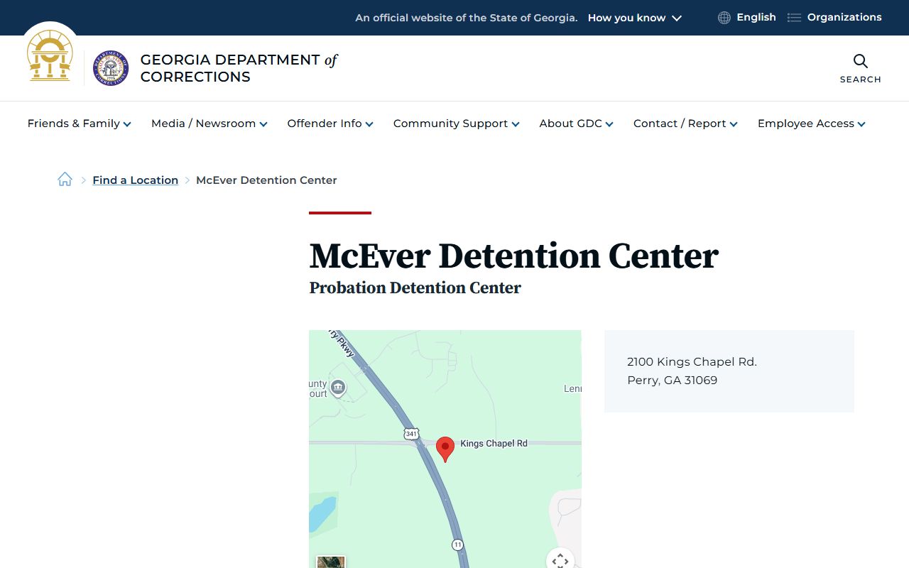 Georgia Department of Corrections location page for McEver Detention Center in Perry