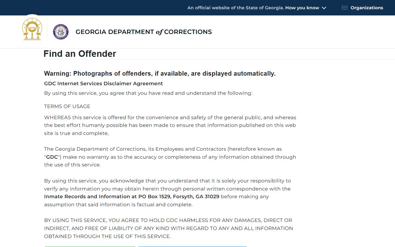 Georgia GDC offender query for state booking photos and offender records