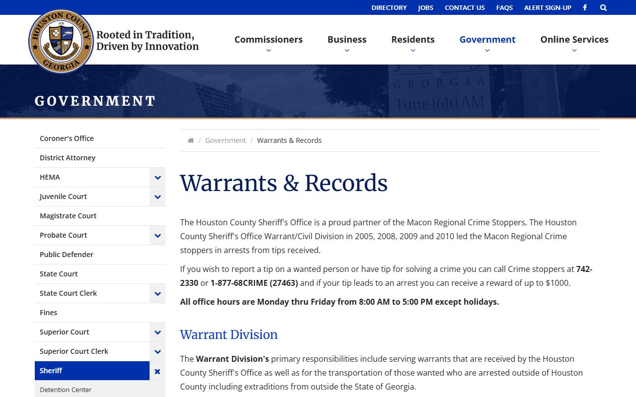 Houston County inmate records Warrants and Records Division page